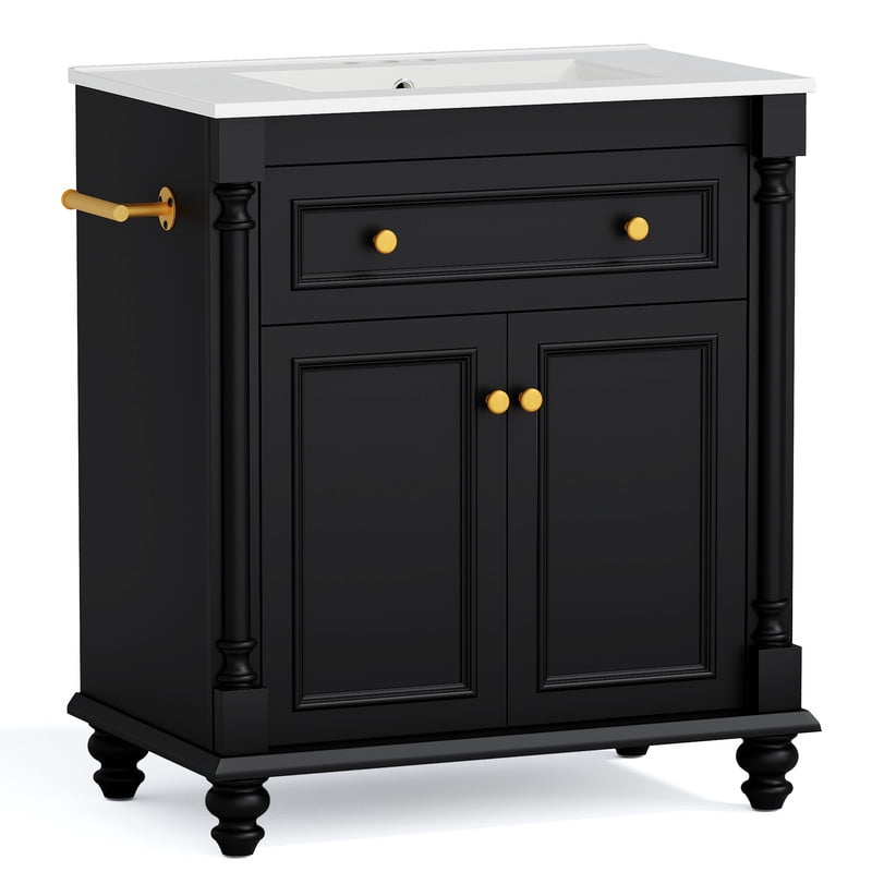 Lacoo 30'' Freestanding Bathroom Vanity with Integrated Ceramic Sink, Traditional Bathroom Storage Cabinet with Flip Drawer, Double Doors & Side Towel Bar, Black