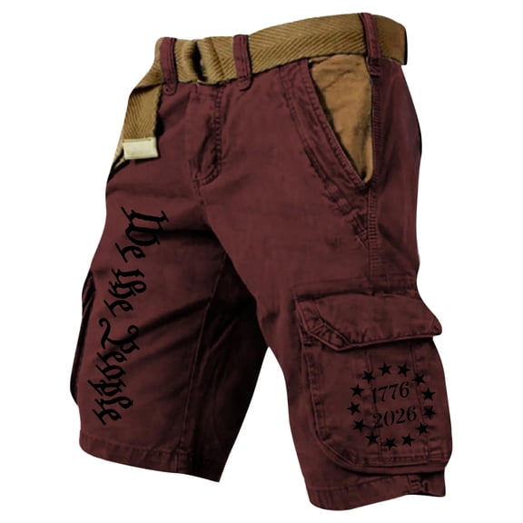 GrmtClth American Flag Print Cargo Shorts for Men Independence Day 1776-2026 Summer Shorts Breathable Multi-Pocket Short Pant Fashion Work Trousers Wine S
