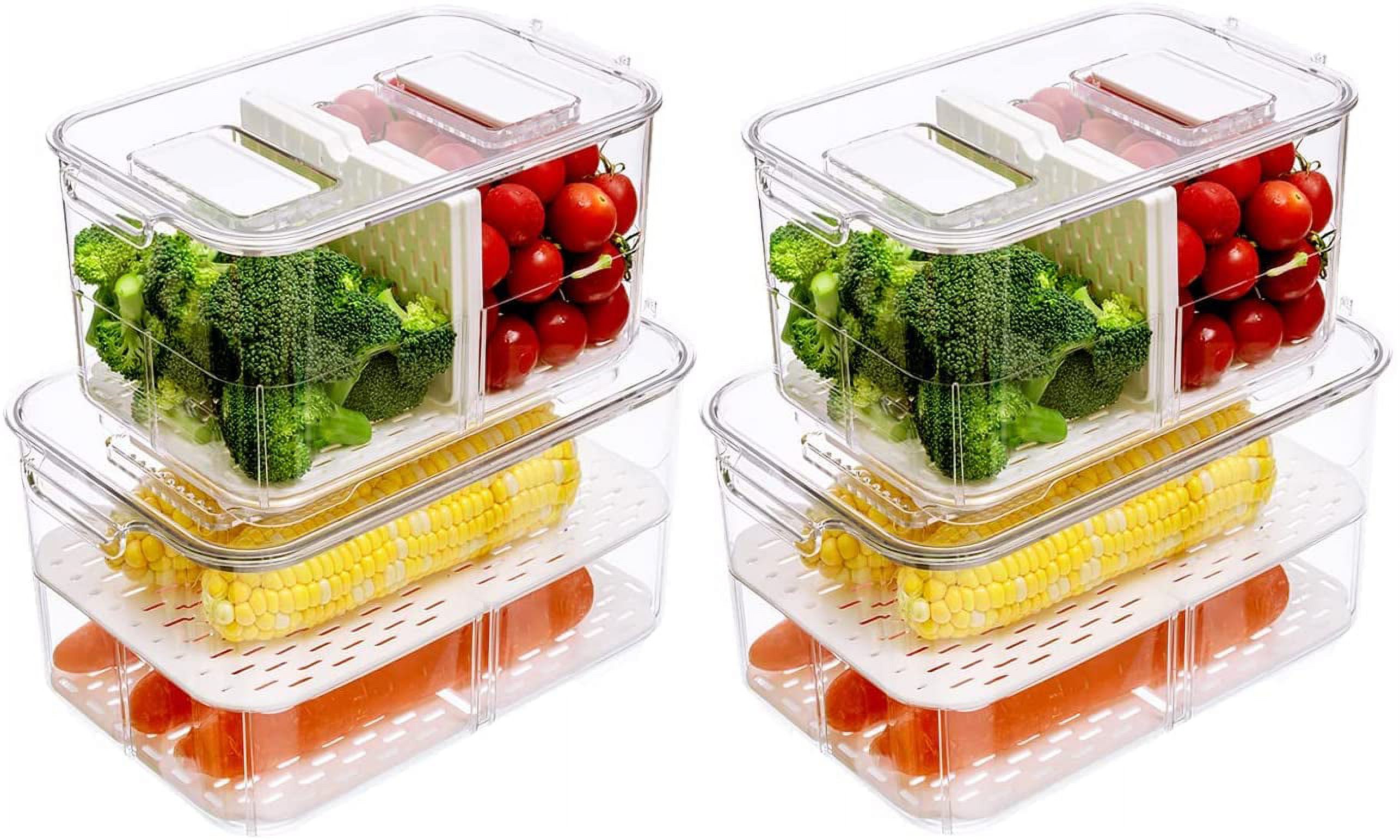 Fridge Produce Saver Storage Vegetable Fruit Containers Food Produce Saver Container Stackable Refrigerator Organizer Bins Fresh Keeper Drawers Organizer, Set of 4