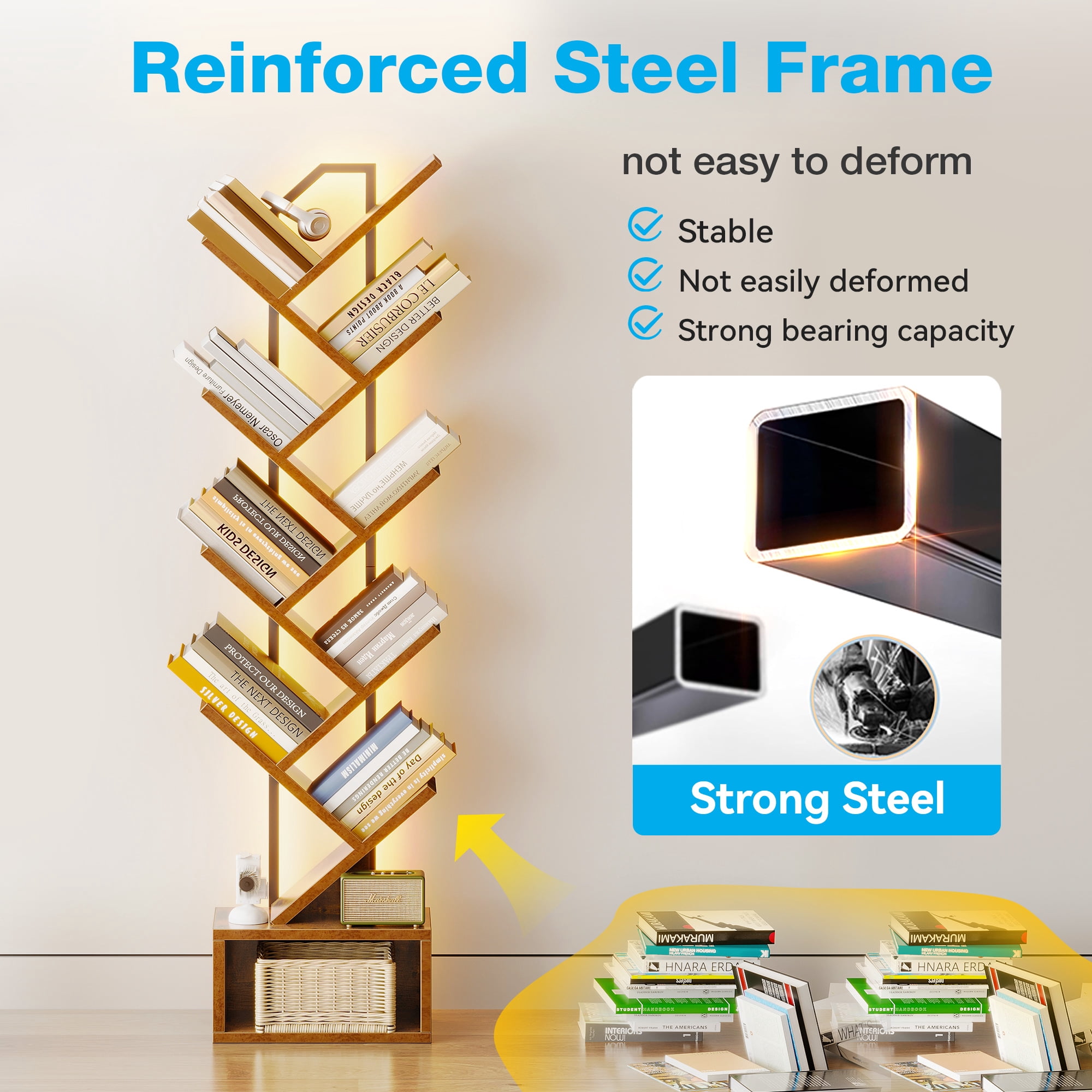 Casacomoda 8 Tier Tree Bookshelf, Bookcase with LED Lights, Display Floor Standing Storage Shelf, Book Organizer Shelves for Home Office, Living Room, Vintage