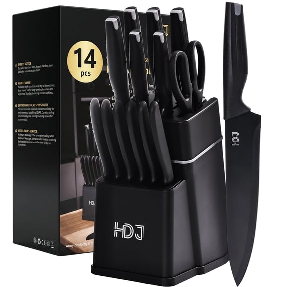 HDJ Kitchen Knife Set, 14Pcs Knife Set with Block and Built-in Sharpener, Healthy Anti-Rust Coating, Black