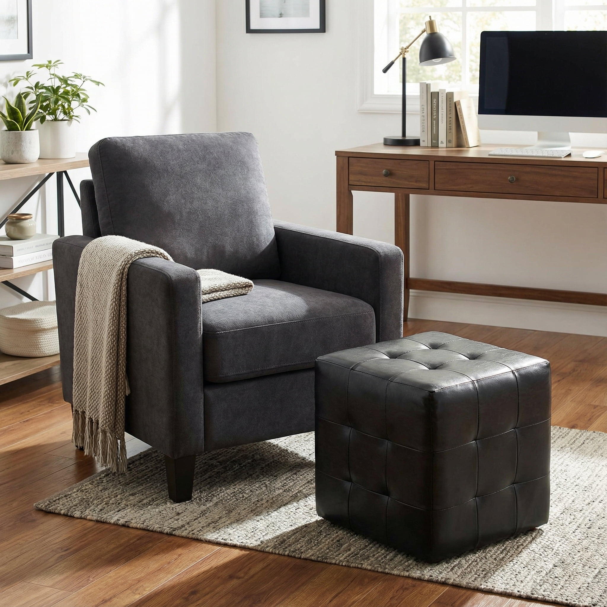 Cortesi Home Braque Black Tufted Cube Ottoman in Leather like Vinyl