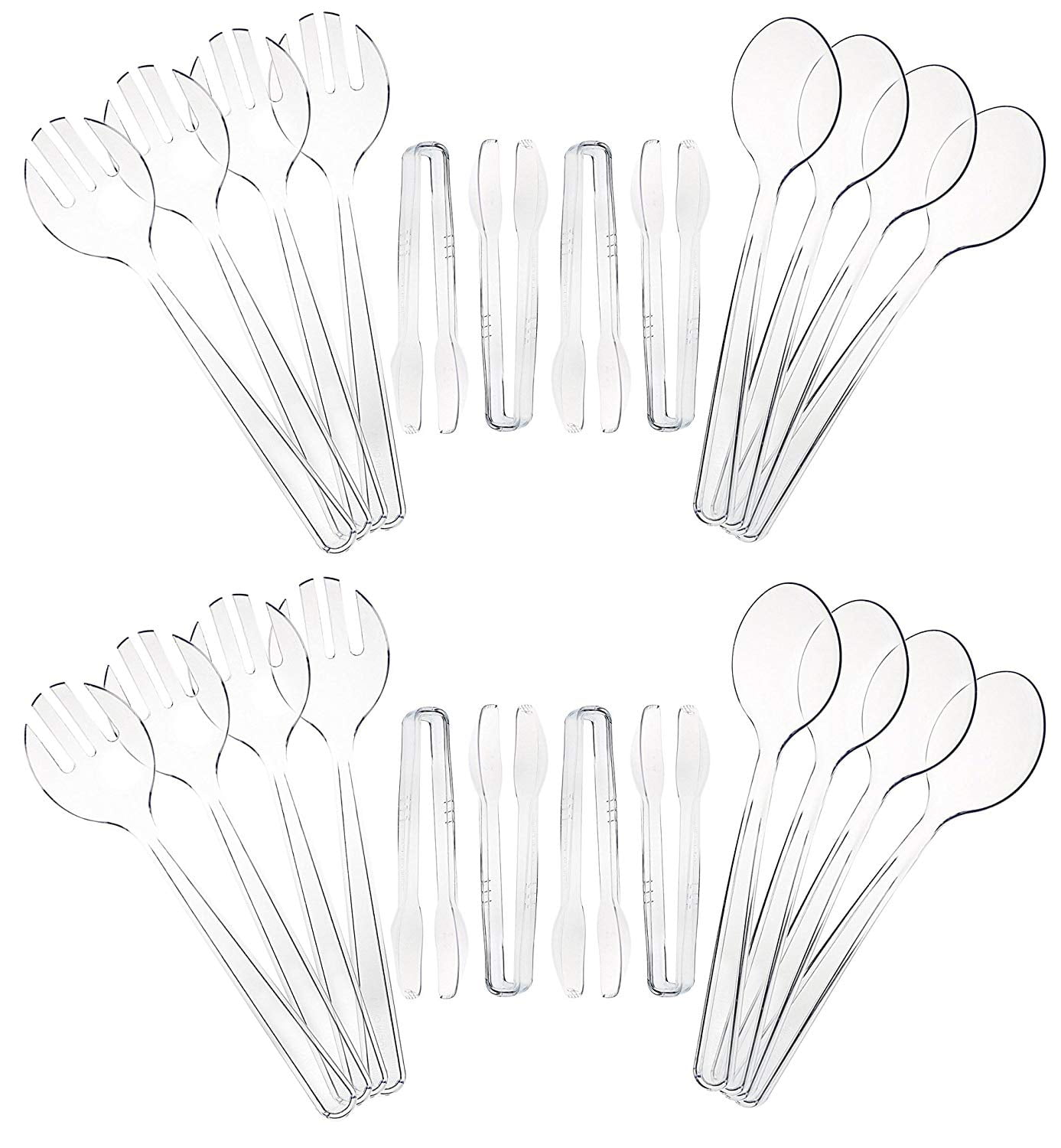 Set of 24 Clear Plastic Serving Utensils (8) 10"Spoons, (8) 10” Forks