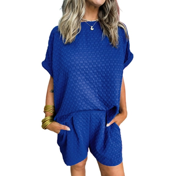 Stylish Sky Blue Jacquard Textured Buttoned Tee and Shorts Set for Women - [ZhiHiMeRi] | (US 12-14)L