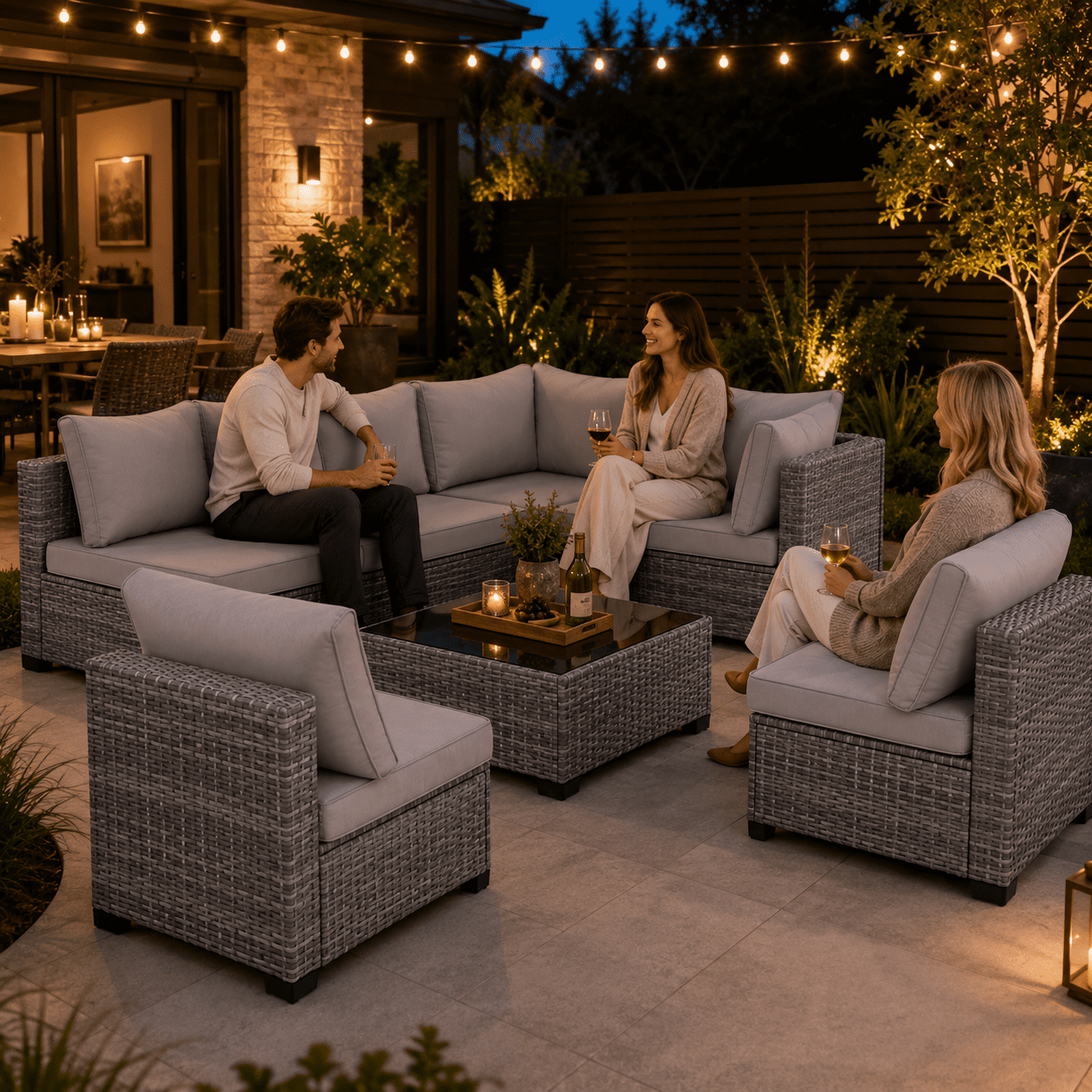 Seizeen Outdoor Furniture, 7PCS Patio Furniture Set Sectional Sofa with Cushions, Front Porch Balcony Furniture Conversation Couch Set with Table