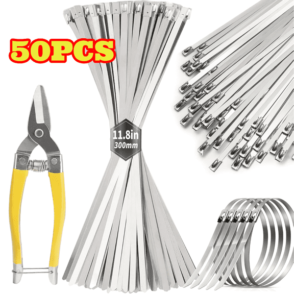 50pcs Stainless Steel Zip Ties with Tie Cutter, 11.8 inch Heavy Duty Zip Ties, Self-Locking, Suitable for Fixing Fences, Pipes and More