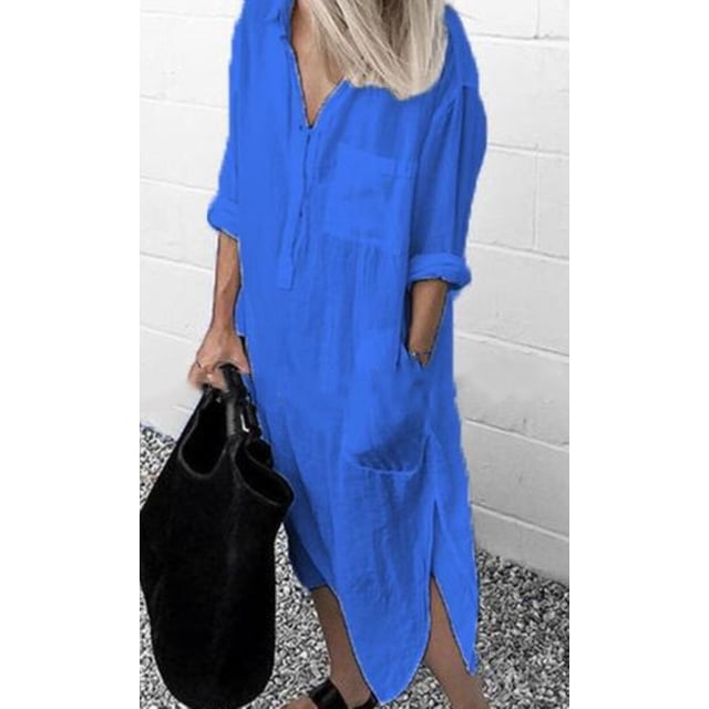 Summer Shirt Long Dress Women Casual Long Sleeve Side Split Button Dresses 2023 Female Elegant Solid Color Pocket Loose Dresses4XL Gao Jinjia LED