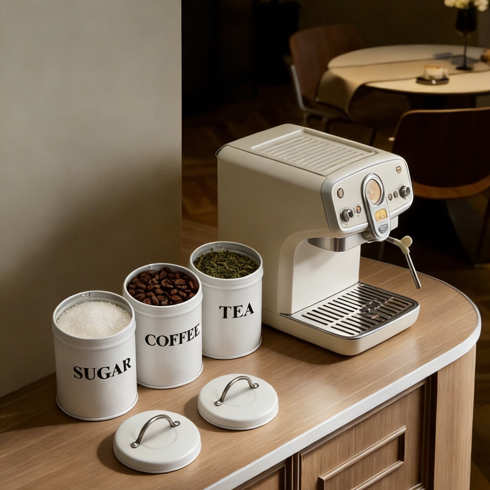 Pethiy Tea Coffee Sugar Canister Set,Airtight Food Storage Canister,Vintage, Farmhouse Metal Containers with Lids, Coffee, Tea, Sugar Set Canister With Tray for Food Storage,3 Pack,White