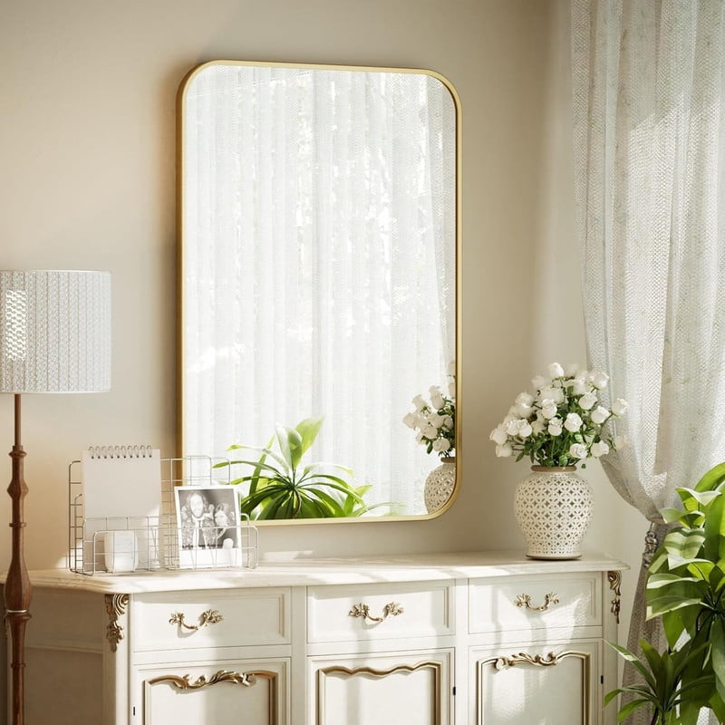 Clarvion 26"x38" Rounded Edge Rectangle Bathroom Mirror Wall Mounted Vanity Mirror,Gold