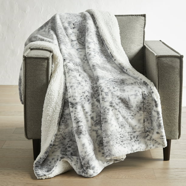 Better Homes & Gardens Snow Leopard Faux Rabbit Fur and Sherpa Throw Blanket, Easy Wash, 50 x 60, Grey