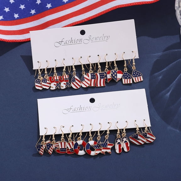 Fourth of July Patriotic Dangle Earrings Set, American Flag Design with Star, Heart and Flip Flop Pendants, Festive Jewelry for Independence Day Party and Holiday Celebration, A