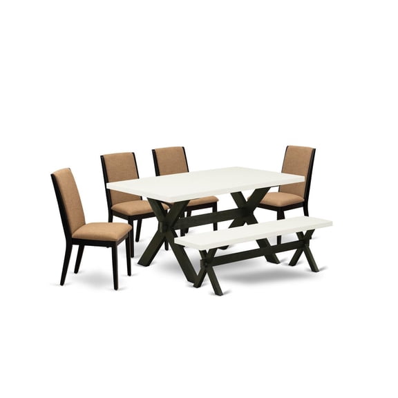 East West Furniture X626LA147-6 6-Piece Awesome Modern Dining Table Set a Good Linen White Color Dining Table Top and Linen White Color Kitchen Bench and 4 Excellent Linen Fabric Parson Chairs...