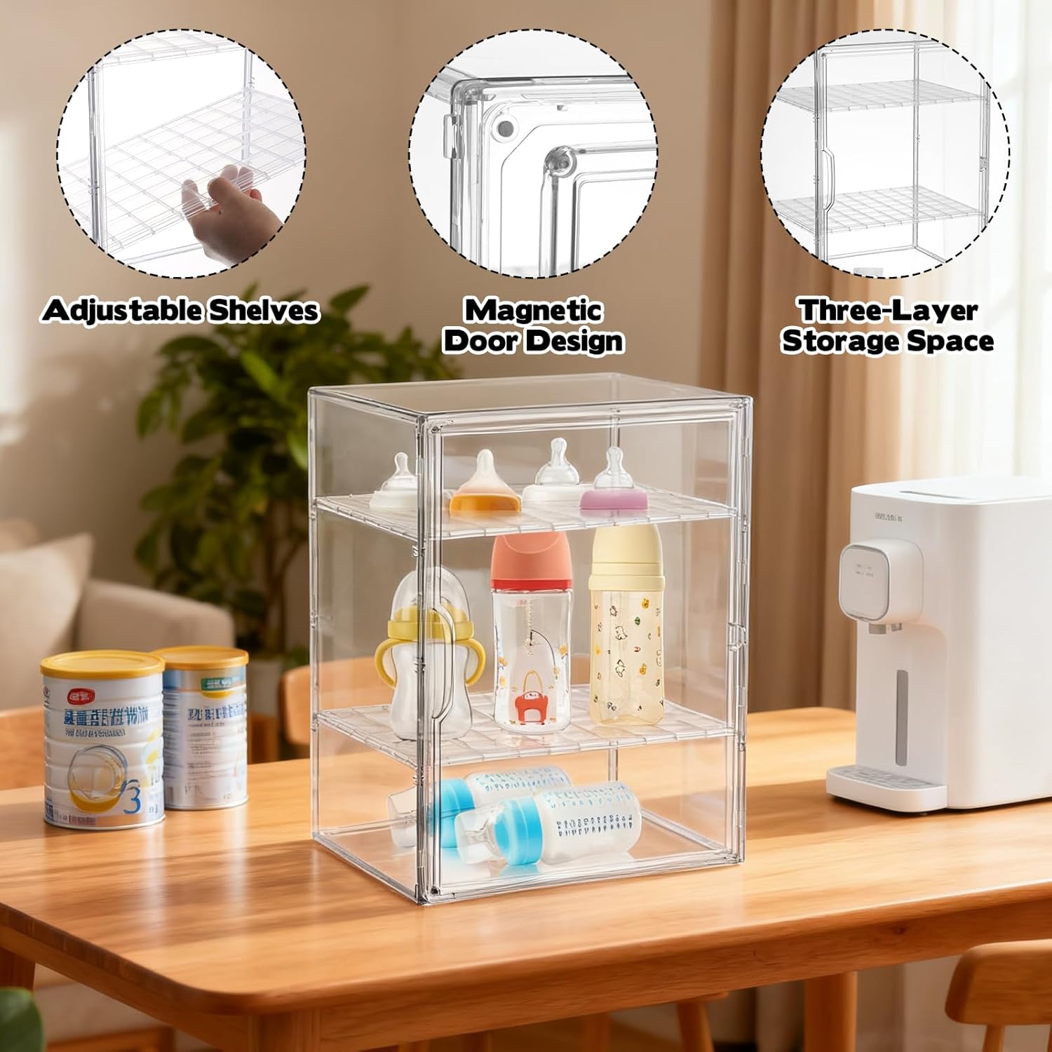 8.66*10.63*14.17in Baby Bottle Organizer,3-Tier Adjustable Clear Acrylic Storage Station Case Box Container with 2 Removable Dividers and Magnetic Door for Nipples Pump Parts Food Jars