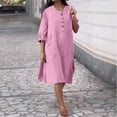 thumbnail image 2 of QQAMB Dresses for Women Cotton Linen Crewneck Solid Color Button Long Sleeve Loose Thin Fall Trendy Plus Size Maxi Dresses Pink M, 2 of 7
