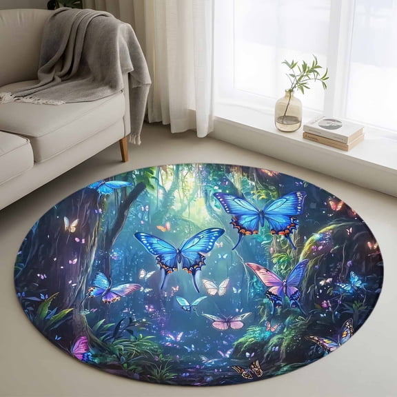 Round Area Rug 3 Ft, Blue Butterfly Washable Non-Slip Circle Carpet for Living Room/Bedroom, Modern Art Forest Butterflies Low-Profile Small Floor Mats Collection Rugs for Indoor