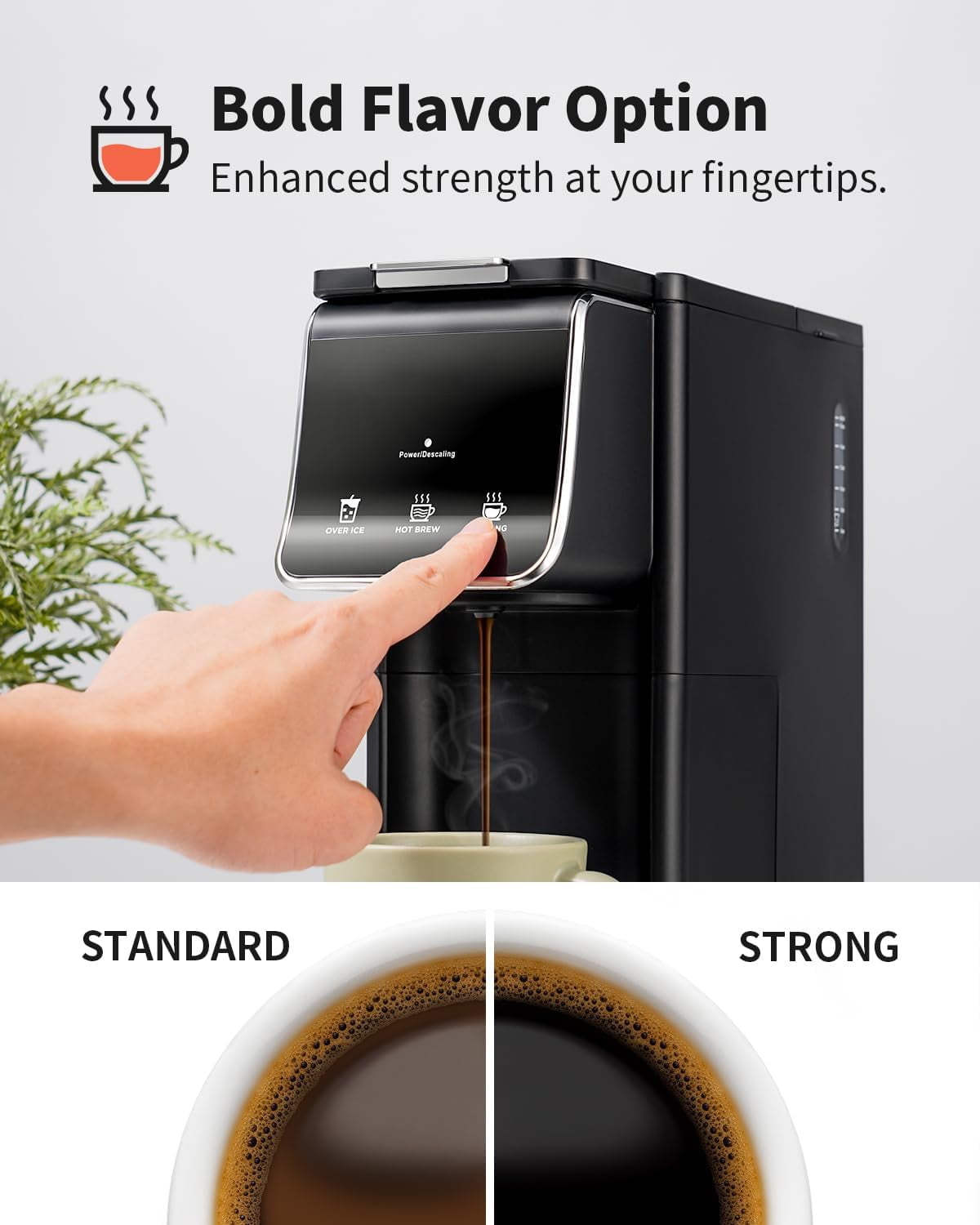Hot Iced Coffee Maker, K-Cups Ground Coffee, Single-Serve Brewer with Bold Setting, Reusable Filter, Travel Mug Friendly, Compact Quick Brew, Black