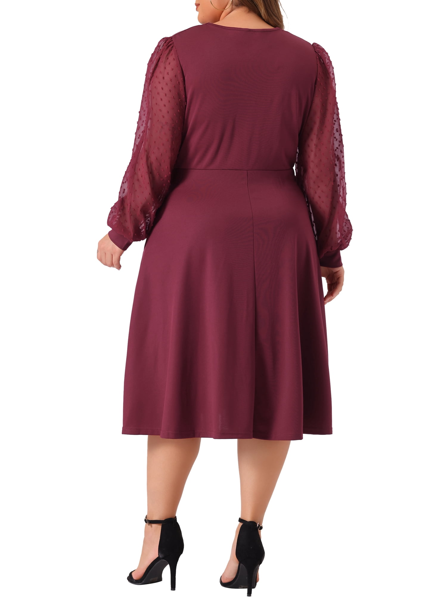 DARING DIVA Plus Size Swiss Dots Wrap V Neck Knee Length Dress 2X Burgundy