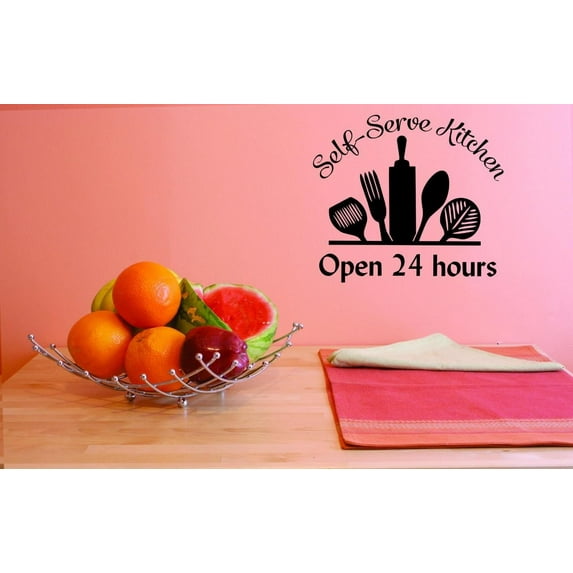 Custom Decals Self-Serve Kitchen Open 24 Hours Wall Art Size: 20 X 20 Inches Color: Black