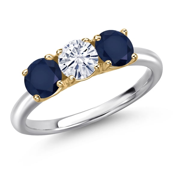 Gem Stone King 925 Silver and 10K Yellow Gold White Moissanite and Blue Sapphire Engagement Ring for Women | 1.70 Cttw | Round 5MM | Gemstone Birthstone | Size 7