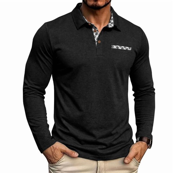 Men's Long Sleeve Po-Lo Shirts Casual Button Moisture Tees Stylish Tops Golf Shirts with Pocket