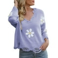 thumbnail image 2 of Purple Womens Sweatshirt Women's Ripped Long Sleeved Loose Knit Sweater with Small Flower V Neck Pullover Fall Clothes for Women, 2 of 5