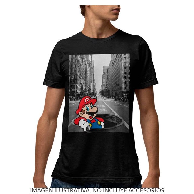 Playera Super Mario para Niño Juvenil, Manga Corta con Estampado Mario en Tubería Negra Talla 14