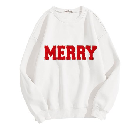 FYEGRE Merry Sweatshirt for Women Christmas Linend Sequin Sweaters Crewneck Oversized Long Sleeve Pullover Tops White XXL