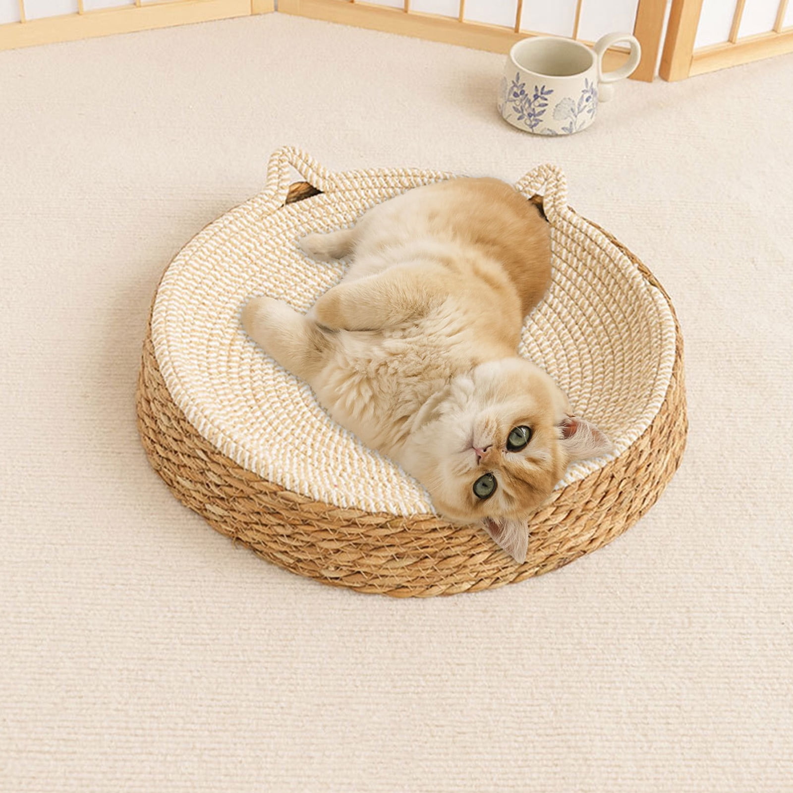 POPETPOP Woven Straw Nest Pet Bed - Half-Enclosed Cat House & Dog Bed With Cushion, Natural Cattail Grass
