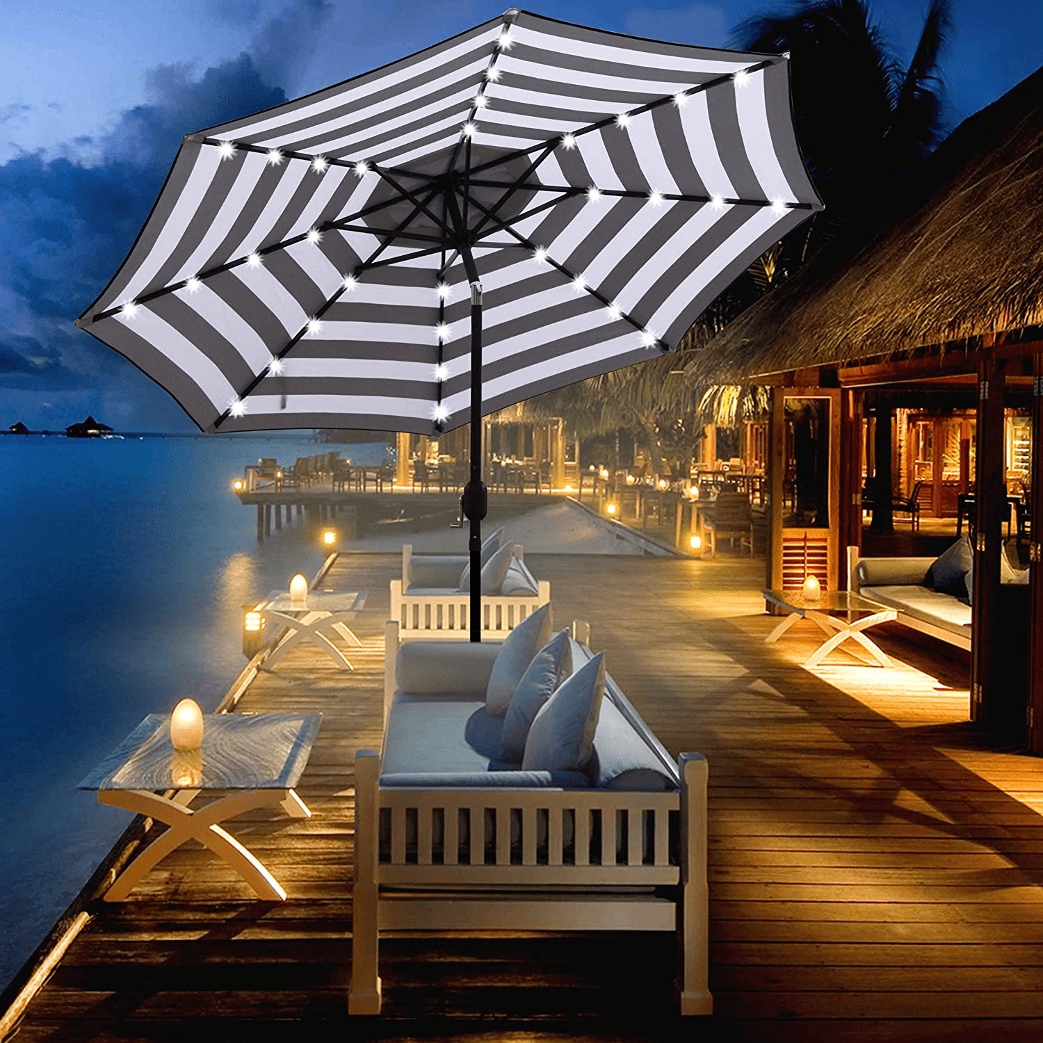 Blissun 9 ft Solar Umbrella 32 LED Lighted Patio Umbrella Table Market  Umbrella with Tilt and Crank Outdoor Umbrella for Garden, Deck, Backyard,  Pool and Beach (Black and White) - Walmart.com