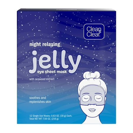 Clean & Clear Night Relaxing and Hydrating Jelly Eye Hydrogel Mask with Seaweed Extract, Non-Comedogenic & Alcohol-Free, 0.63 oz, 12