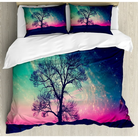 Galaxy Duvet Cover Set King Size, Vibrant Stars Magical Fantastic Space Cosmic Lonely Tree Aurora Borealis, Decorative 3 Piece Bedding Set with 2 Pillow Shams, Pink Aqua Dark Blue, by Ambesonne