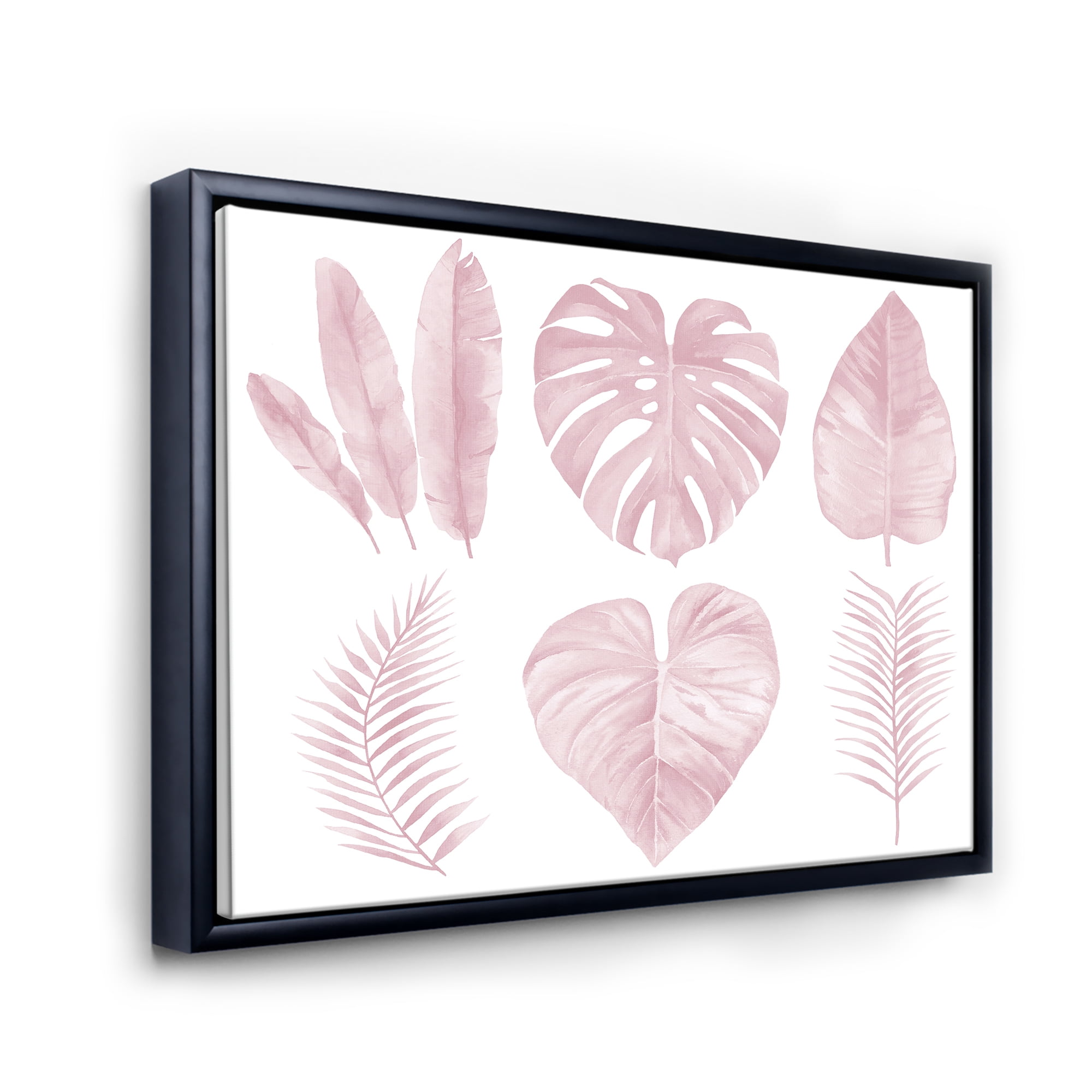 Designart 'Tropical Pink Watercolour Leaves On White I' Shabby Chic Framed Canvas Wall Art Print