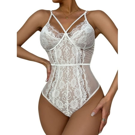 

UKAP Ladies Lingerie Deep V Sleepwear Floral Mini Bodysuit Lace Women Backless Crotchless Sexy Hollow Out White S