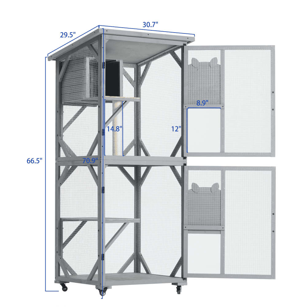 Large Outdoor Catio Cat Enclosure with Wheels,Waterproof Roof&Multi-Level Play Areas,70.9"