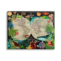 Stupell Industries Vintage World Hemisphere Map Vibrant Marine Animal Illustrations, 48 x 36,Design by Sangita Bachelet