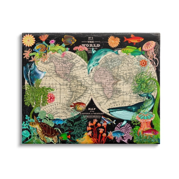 Stupell Industries Vintage World Hemisphere Map Vibrant Marine Animal Illustrations, 48 x 36,Design by Sangita Bachelet