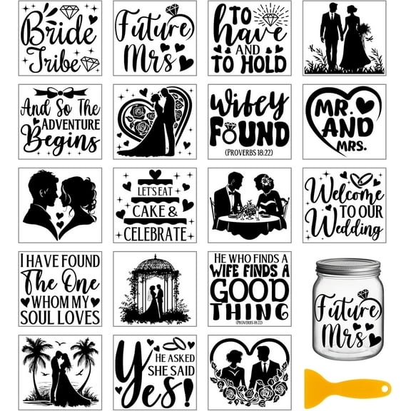 18 Sheets Wedding Text Transfer Stickers 3.9x3.6inch Bride Couple Transfer Decal Rub on Transfer for Furniture Vase Glass Art Crafts Decorations diy