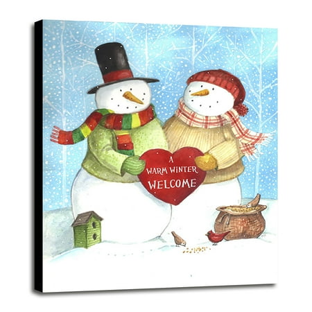 warm welcome snowman-MELHIP110113 Print 10"x8" by Melinda Hipsher in a Canvas Stretched in Maple Frame