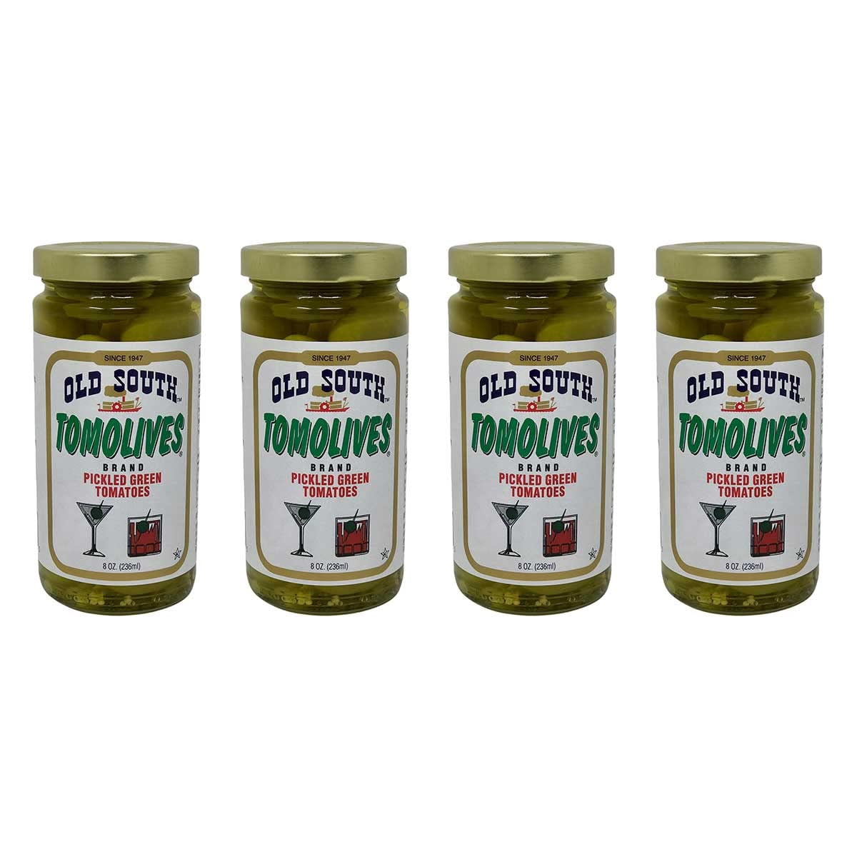 Old South Tomolives Pickled Green Tomatoes (4 Pack, 8oz Each) Bundled with Complimentary 4-count Coasters