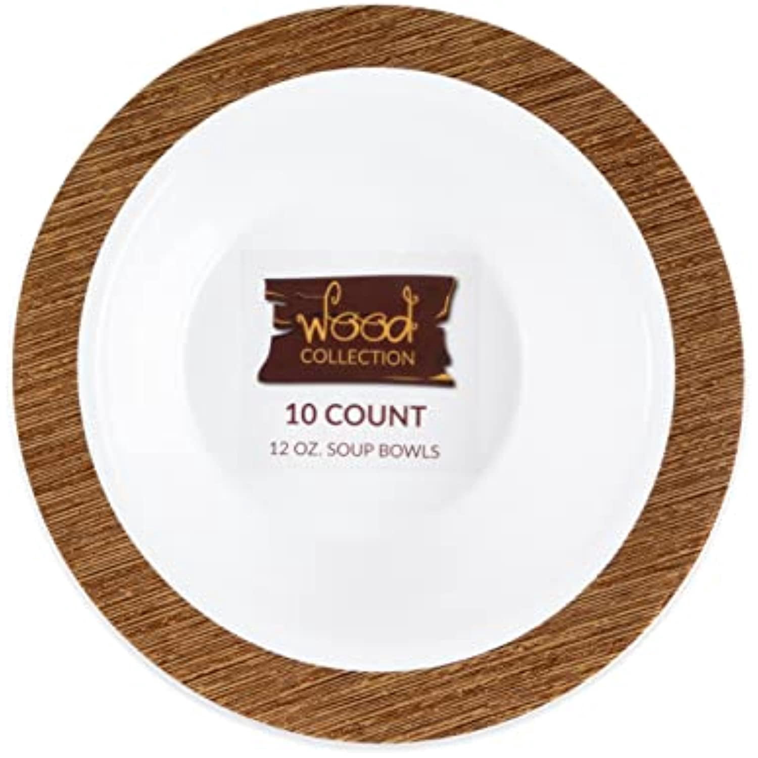 [12 Oz 20 Count] White Plastic Party Soup Bowls With Wood Design Border