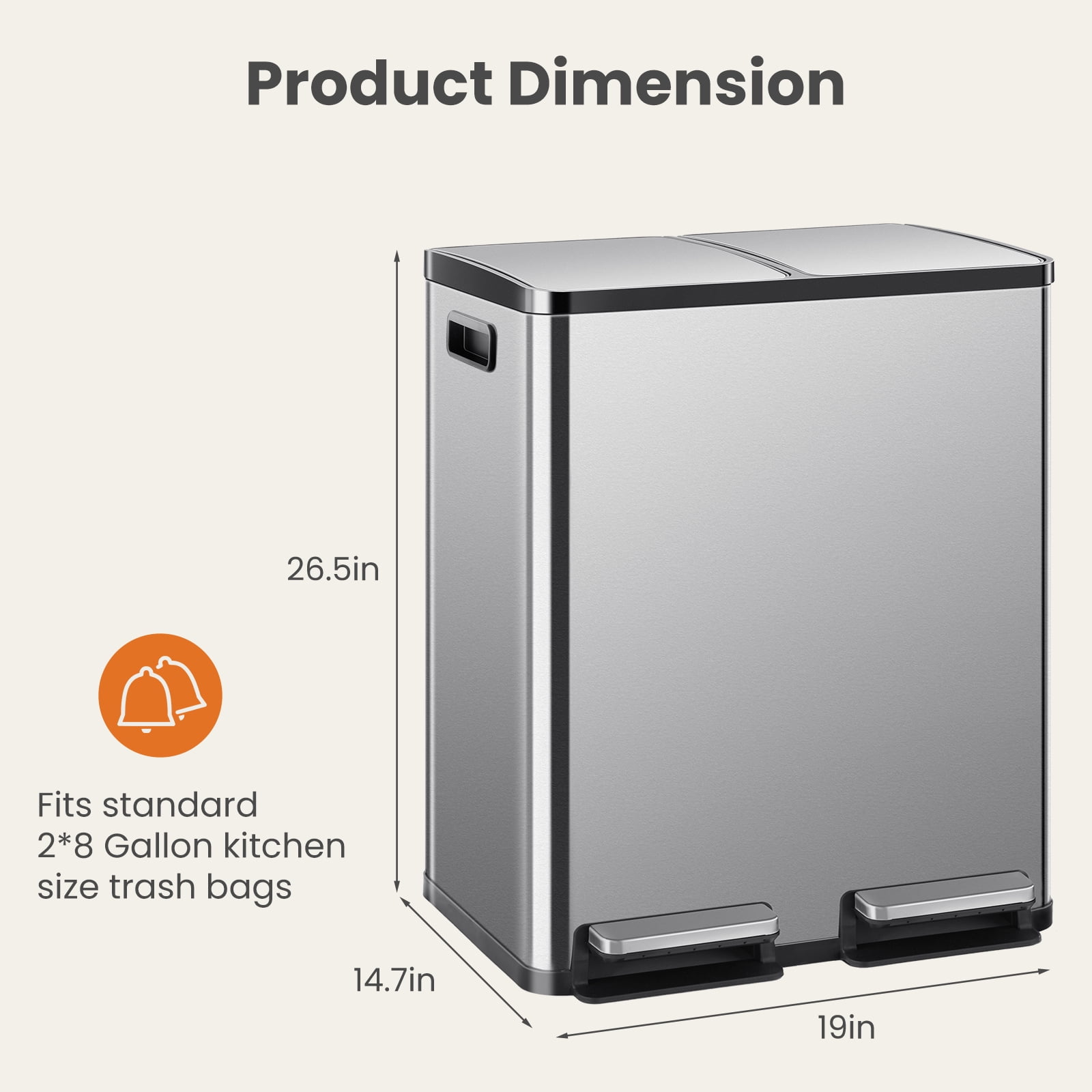 Simenmax 60L Dual Compartment Trash Can with Lid, Stainless Steel Sealed Garbage Bin, Soft-Close Pedal Operation for Kitchen, Office, Home