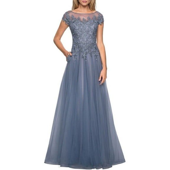 La Femme Women's Blue Long Tulle Gown with Lace Bodice and Pockets, 16