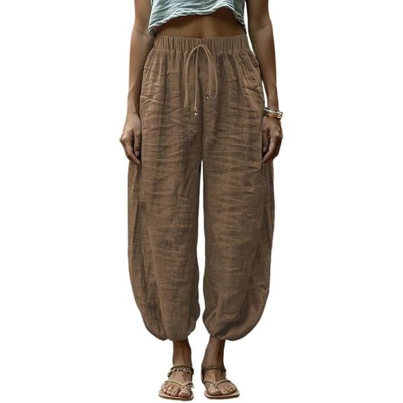 Lumtrix Womens Linen Harem Pants Baggy Elastic Waist Drawstring Pants Dressy Casual Loose Lightweight Trouser Comfy Capris Pockets Coffee 2XL