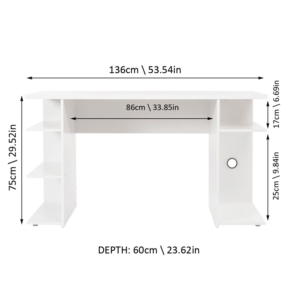 Madesa Large Modern Gaming Computer Desk 53 Inch with 5 Shelves Cable Management Student Study Wooden Table Home Office Gamer Desk for Kids and Adults - White