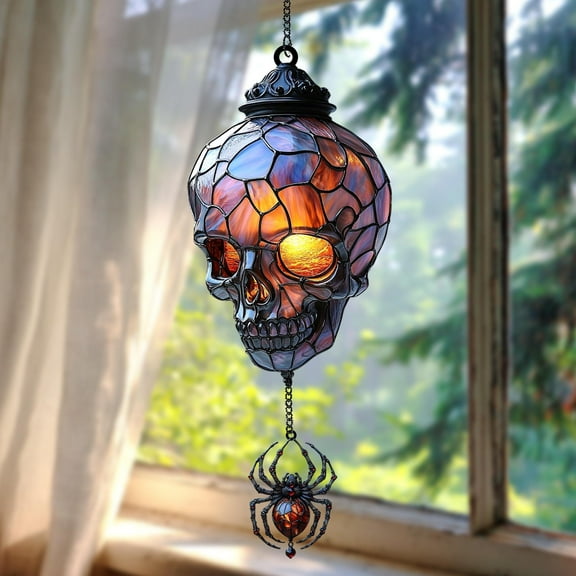 Vintage Gothic Skull Faux Stained Glass Suncatcher, 2D Acrylic Halloween Hanging Lantern With Light Up Eyes, Spooky Horror Home Decor Gift