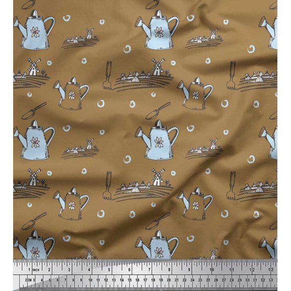 Soimoi Brown Poly Georgette Fabric Windmill & Watering Can Garden Accessories Print Fabric by the Yard 42 Inch Wide