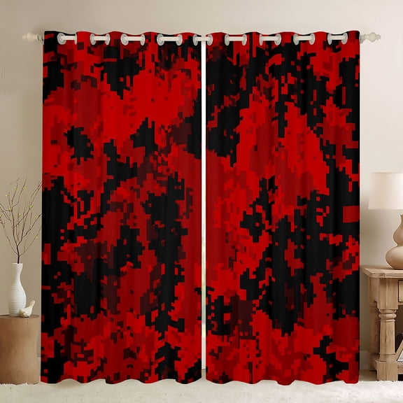 Homewish Geometric Pixel Checkered Curtains Pack of 2 (42x84 Each),Abstract Camouflage Curtains Blackout,Red Black Bedroom Curtains For Men Women,Luxury Bedroom Decor