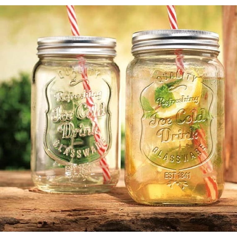 Glaver’s Mason Jar Glass Set Ice Cold Mason Jar Cups with Lids and Straws 15 Oz, 6-Pack