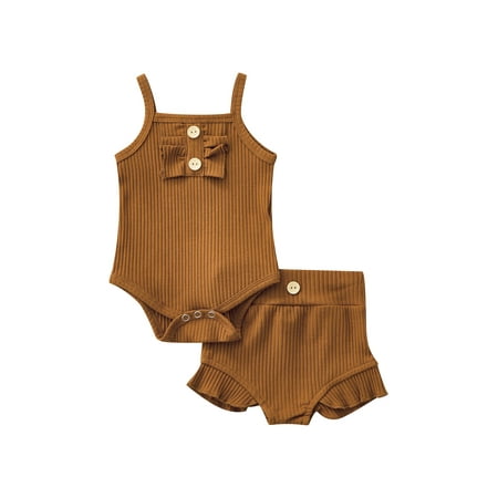 

ZIYIXIN Infant Baby Girls Casual Suit Solid Color Sleeveless Sling Romper Tops Ruffled Short Pants Set Ginger 3-6 Months