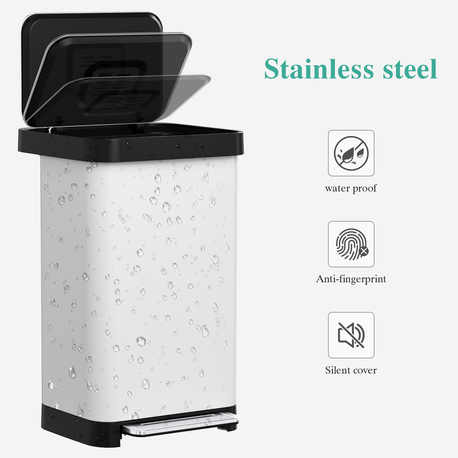 Pirecart Stainless Steel Trash Can, 13.2 Gal Large Capacity Garbag Bin with 15 Inner Bags & Rear Trash Bag Storage Compartment, Garbage Can W/ Soft-Close Lid & Built-In Deodorizer Box, White